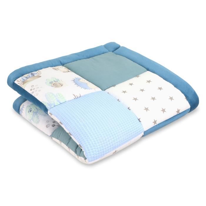 Tapis parc bebe patchwork 120x120 cm - tapis couverture bébé naissance parc  Coton avec velours et piqué gaufré Bleu avec des renards