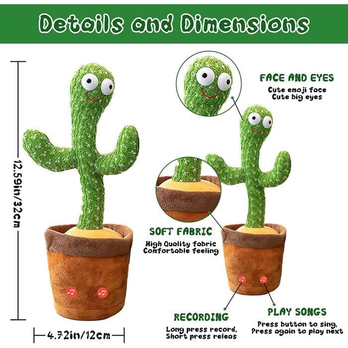 Cactus Qui Danse et Répète, Cactus Qui Parle Jouet Cactus avec Fonctions  D'Enregistrement, Répétition, Lumières, Apprendre à Parler