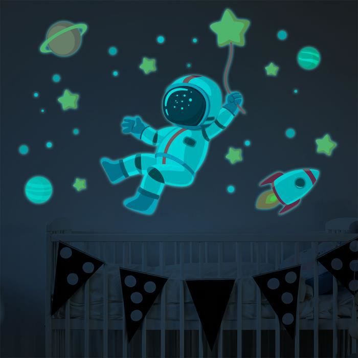 Sticker phosphorescent lumineux - ASTRONAUTE DANS L'ESPACE ÉTOILÉ -  Autocollant mural plafond enfant fluorescent - 105x70cm