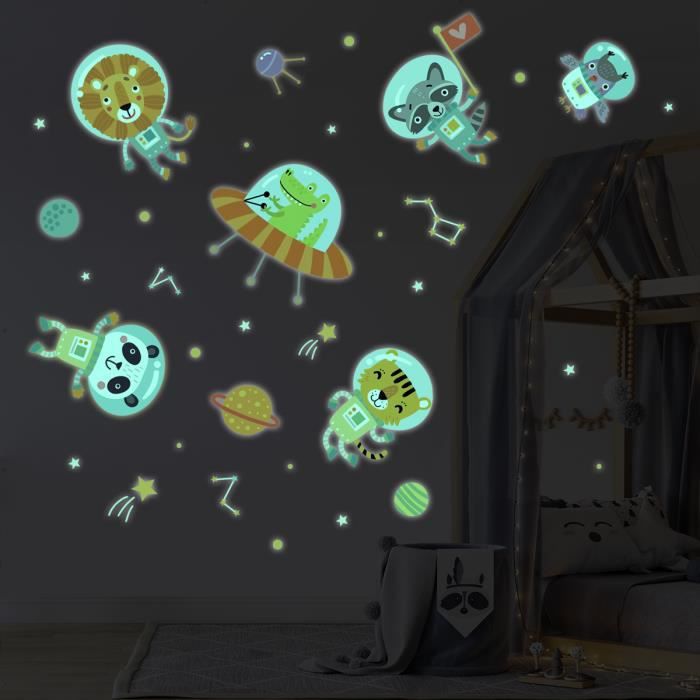 Sticker phosphorescent lumineux - ANIMAUX ASTRONAUTES DANS L'ESPACE -  Autocollant mural plafond enfant fluorescent - 65x50cm
