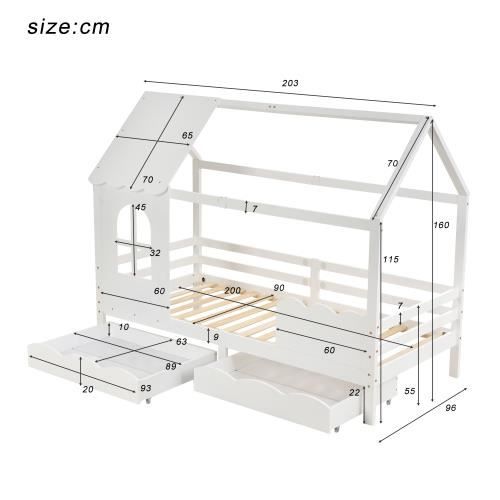 Lit cabane, lit enfant, avec escalier et fenêtre, avec sommier à lattes,  escalier avec 3 tiroirs, blanc (200x90 cm)