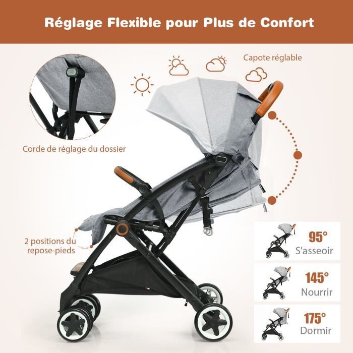 Bebeboutik COSTWAY Poussette Bebe 0 3 Ans Pliable a une Main avec Tige Dossier Repose pieds Reglables Auvent Retractable Sangle d Attache Gris