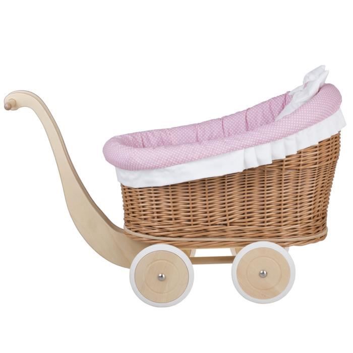 Bebeboutik Landau Poussette pour poupee en Osier Naturel Rose avec Une Belle poignee