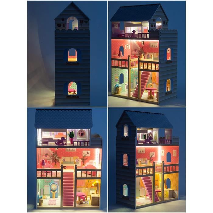 Mamabrum Maison de Poupées en Bois, 60 x 30 x 90 cm Éclairage LED 3 Étages  Terrasse & Accessoires -Peinture écologique Normes CE