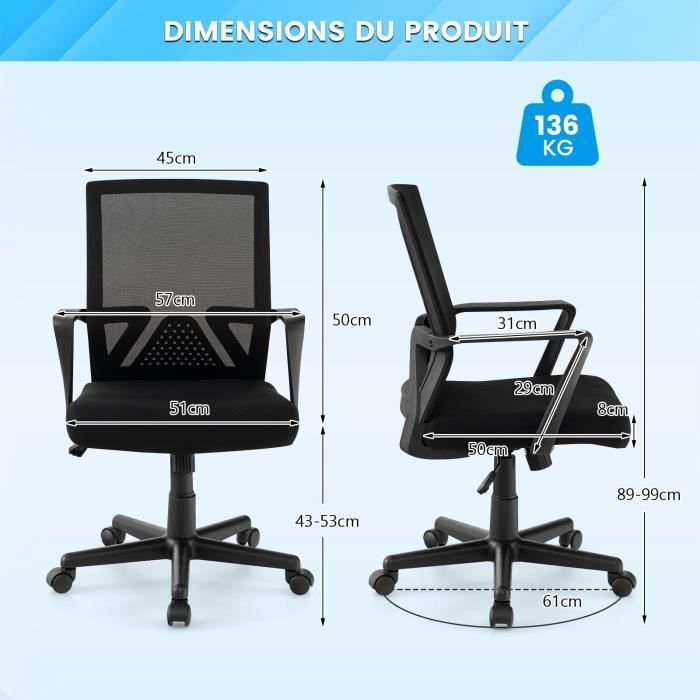 Costway Chaise De Bureau Pivotante Avec Soutien Lombaire Et Dossier Bascule Fauteuil