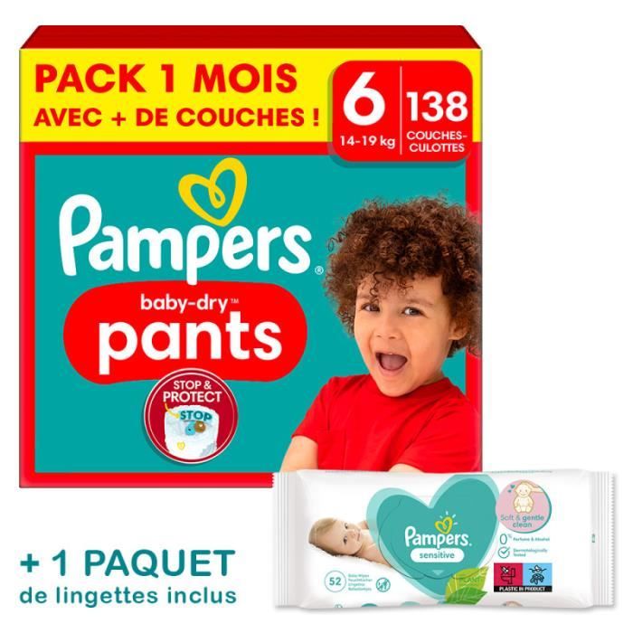 Pampers Couches-Culottes Baby-Dry Taille 6, Pack 1 mois 138 Couches (Inclus  1 paquet de lingettes Pampers Sensitive)