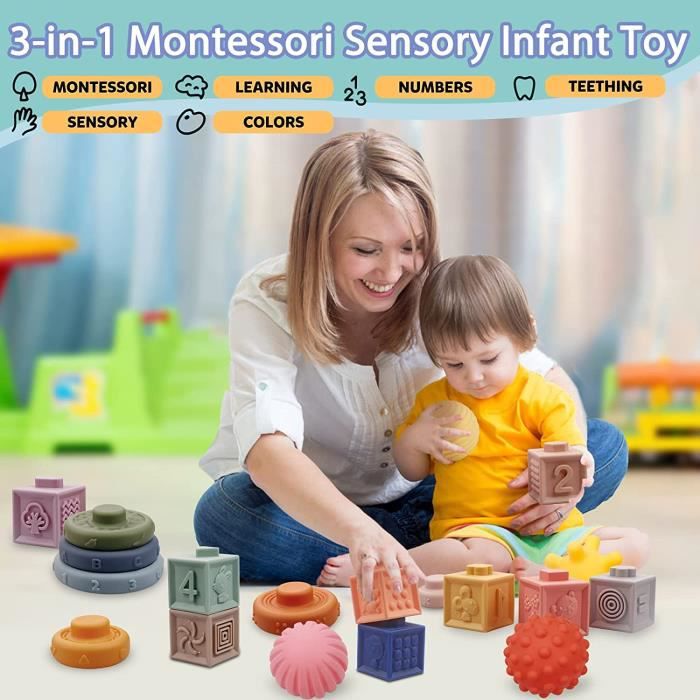 Jeux Montessori Bébé 6-12 Mois Cube Souples Empiler Anneaux d'empilage  Balle Sensoriel Jouets D'éducation précoce 6 9 12 Mois