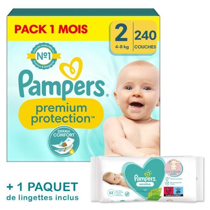 Pampers Premium Protection Taille 2, Pack 1 mois 240 Couches (Inclus 1  paquet de lingettes Pampers Sensitive)