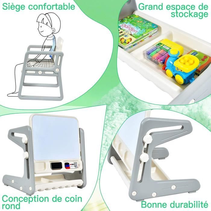 COSTWAY Table et Chaise pour Enfant 2 en 1 : Chevalet à Dessin, Tableau  Magnétique Inclinable et Réglable en Hauteur Gris en HDPE