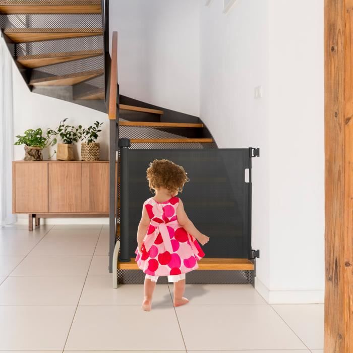 HENGMEI Barrière sécurité bébé (0 à 140 cm) Extensible et Enroulable d' Escaliers et Portes, Noir
