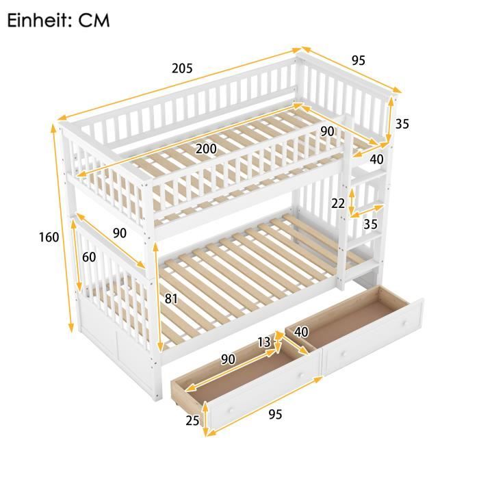 Lits Superposés Séparables Enfant - 2x90x200 Cm - 2 Tiroirs - Cadre En ...