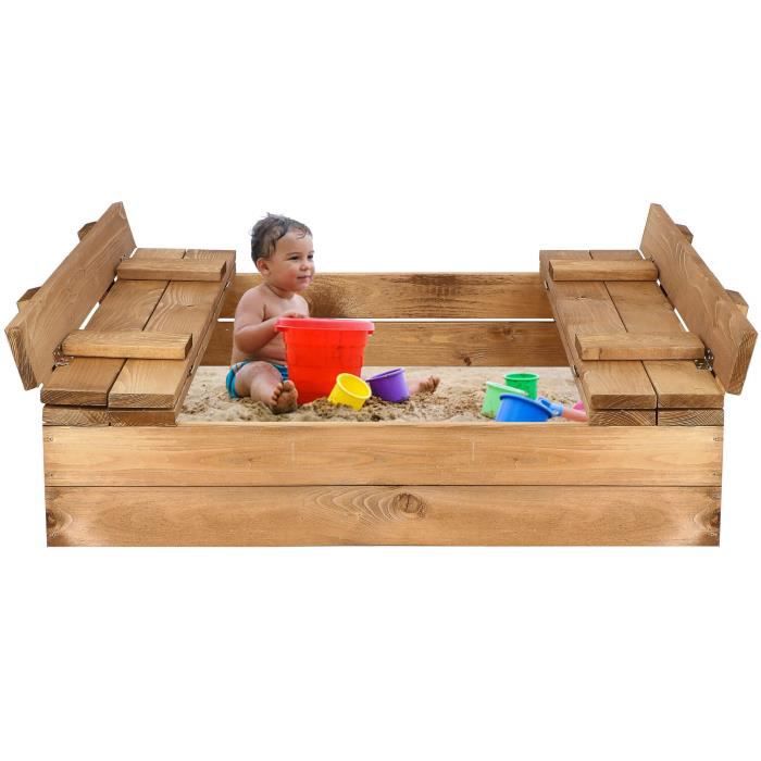 SPRINGOS® Bac à sable pour enfants en bois Couverture 2 bancs 94 x 98 cm  imprégnés