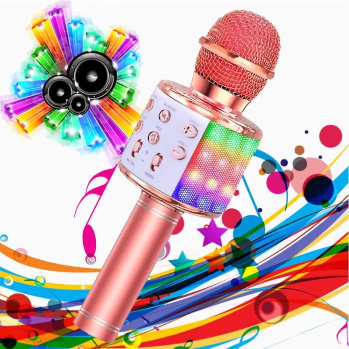 Microphone Karaoké Bluetooth, 4 en 1 Micro Enfant pour Chanter Fille Garcon  Avec Lumières LED Enregistrement Micro Sans Fil Compatible avec Android iOS  pour Adultes Maison,KTV, Fête?Or Rose