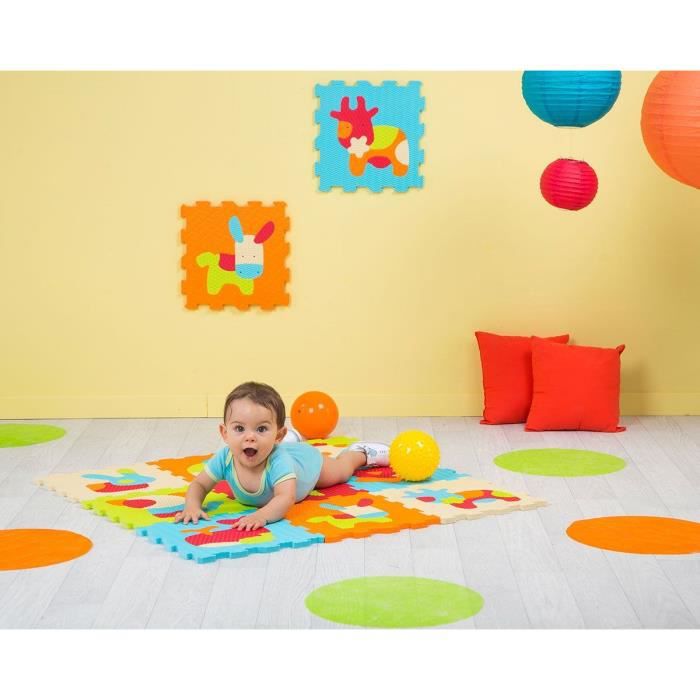 Ludi - Tapis de sol épais pour l'éveil de bébé - Lot de 9 dalles en mousse  Puzzle géant aux motifs Animaux – dès 10 mois