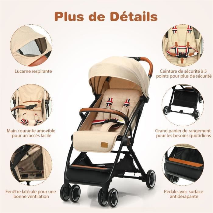 COSTWAY Poussette Bébé 0-3 Ans Pliable à une Main avec Tige