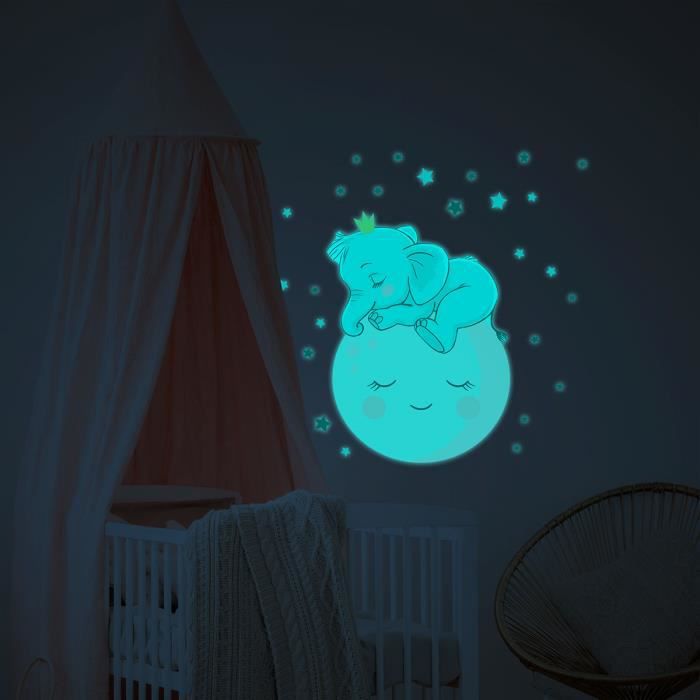 Sticker phosphorescent lumineux - PANDA BALANÇOIRE DE LUNE ET 130 ÉTOILES -  Autocollant mural plafond enfant - 110x90cm