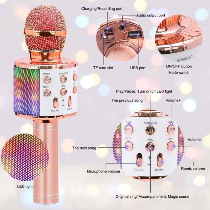 Micro Karaoké sans Fil Bluetooth, Microphone Karaoke avec LED de Danse,  Portable Micro sans Fil Haut-Parleur pour Enfants/Adultes Chanter, Fête,  Fille Garcon Cadeau, Compatible avec Android/iOS/PC : : Jeux et  Jouets