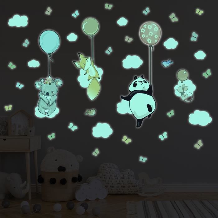 Sticker phosphorescent lumineux - ANIMAUX ET BALLONS DANS LES AIRS -  Autocollant mural plafond enfant fluorescent - 80x60cm