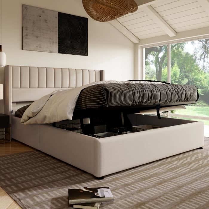 Merax Lit capitonné, 180 x 200 cm, hydraulique, lit Double, avec sommier à  Lattes et Coffre de lit, lit de Rangement avec tête de lit Haute, Lin, pour